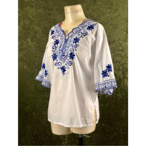 Vintage 2000s Grecian-inspired embroidered tops neck semi sheer vacation - Picture 1 of 6